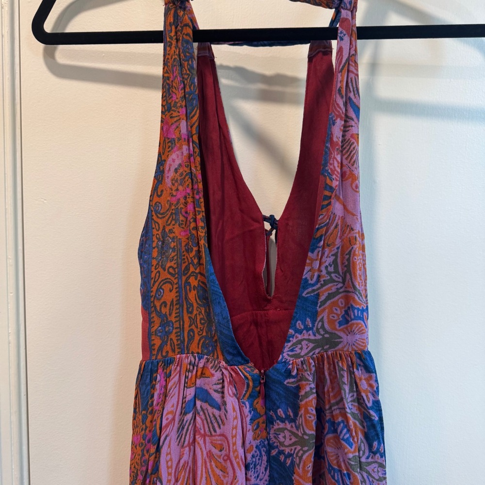 Free People Unattainable Blue Red Paisley Print Halter Flowy Maxi Dress Size 0 - Picture 8 of 13